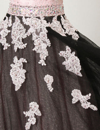 TWEED DRESS(ツイードドレス)のピンク×ブラックロングドレス・チュール｜TM1628-PKBKのスカート生地拡大画像です。