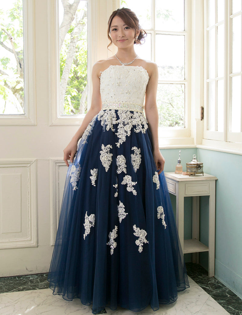 TWEED DRESS(ツイードドレス)のパールホワイト×ネイビーロングドレス・チュール｜TM1628-PWTNYの全身正面画像です。