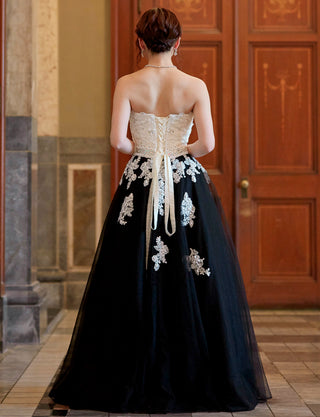 TWEED DRESS(ツイードドレス)のホワイト×ブラックロングドレス・チュール｜TM1628-WTBKの全身背面画像です。