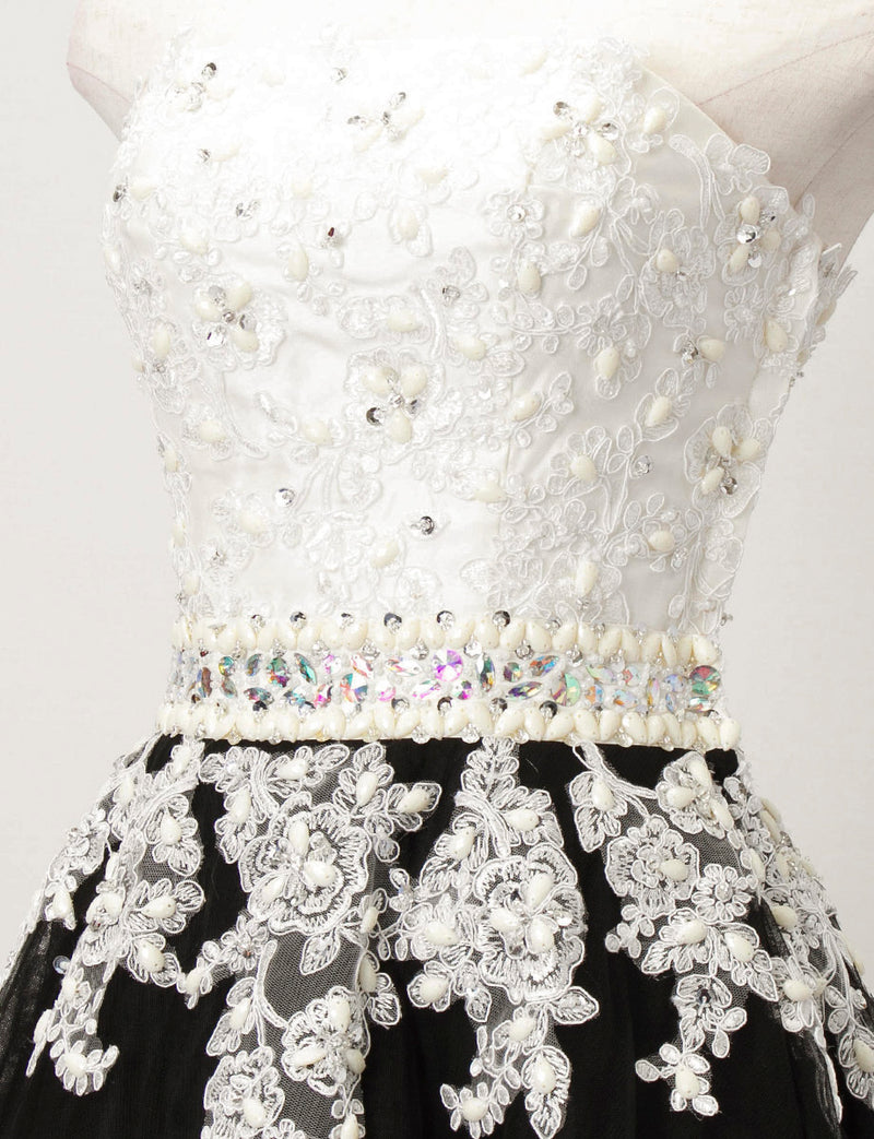 TWEED DRESS(ツイードドレス)のホワイト×ブラックロングドレス・チュール｜TM1628-WTBKのトルソー上半身斜め画像です。