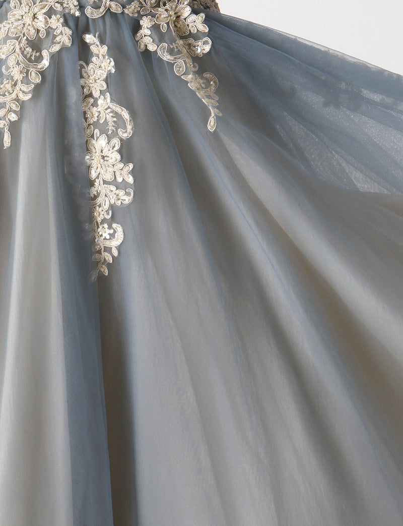 TWEED DRESS(ツイードドレス)のライトグレー×ベージュロングドレス・チュール｜TM1658-LGYのスカート生地拡大画像です。