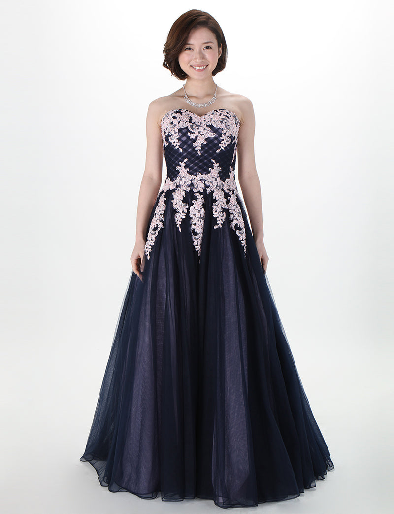 TWEED DRESS(ツイードドレス)のネイビー×ピンクロングドレス・チュール｜TM1658-NYPKの全身正面画像です。
