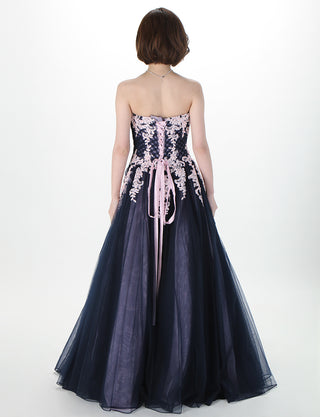 TWEED DRESS(ツイードドレス)のネイビー×ピンクロングドレス・チュール｜TM1658-NYPKの全身背面画像です。
