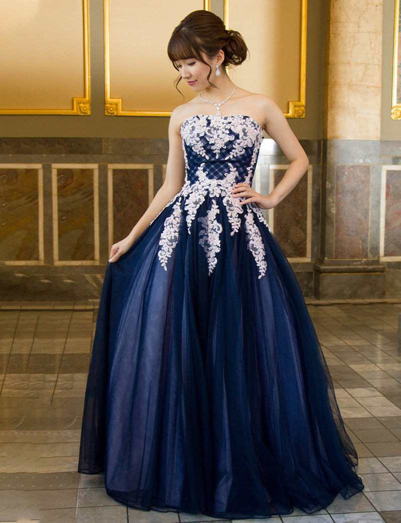 TWEED DRESS(ツイードドレス)のネイビー×ピンクロングドレス・チュール｜TM1658-NYPKの全身正面画像です。