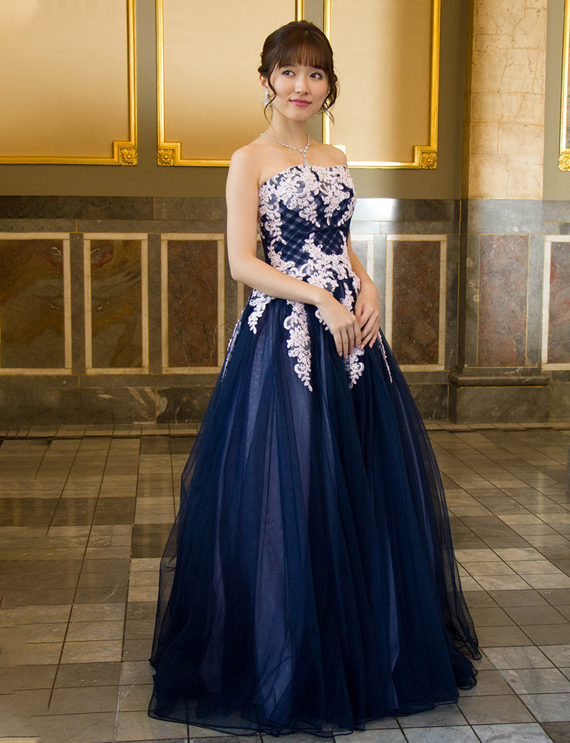 TWEED DRESS(ツイードドレス)のネイビー×ピンクロングドレス・チュール｜TM1658-NYPKの全身斜め画像です。