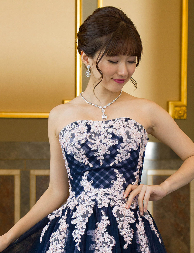 TWEED DRESS(ツイードドレス)のネイビー×ピンクロングドレス・チュール｜TM1658-NYPKの上半身正面画像です。
