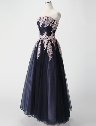 TWEED DRESS(ツイードドレス)のネイビー×ピンクロングドレス・チュール｜TM1658-NYPKのトルソー全身斜め画像です。