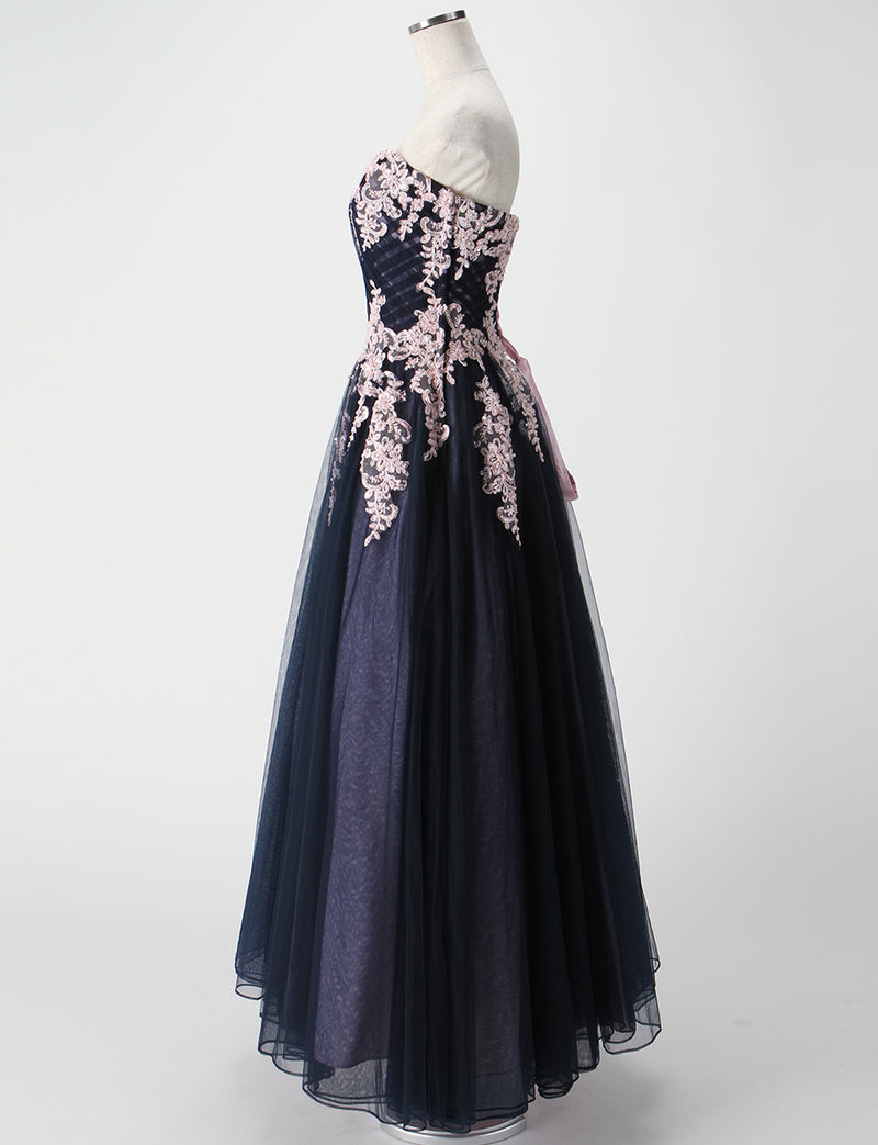 TWEED DRESS(ツイードドレス)のネイビー×ピンクロングドレス・チュール｜TM1658-NYPKのトルソー全身側面画像です。
