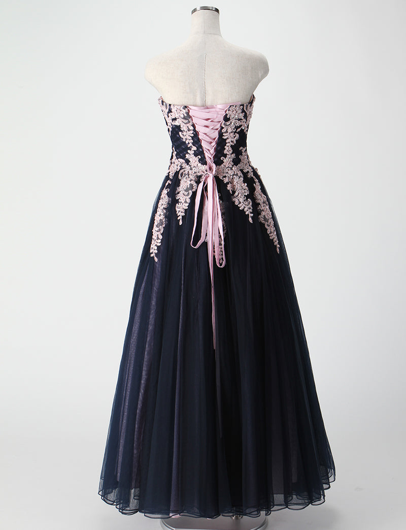 TWEED DRESS(ツイードドレス)のネイビー×ピンクロングドレス・チュール｜TM1658-NYPKのトルソー全身背面画像です。