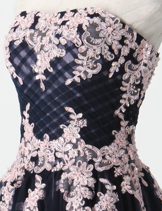 TWEED DRESS(ツイードドレス)のネイビー×ピンクロングドレス・チュール｜TM1658-NYPKのトルソー上半身斜め画像です。