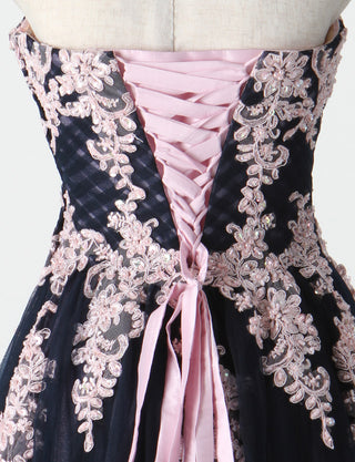 TWEED DRESS(ツイードドレス)のネイビー×ピンクロングドレス・チュール｜TM1658-NYPKのトルソー上半身背面画像です。