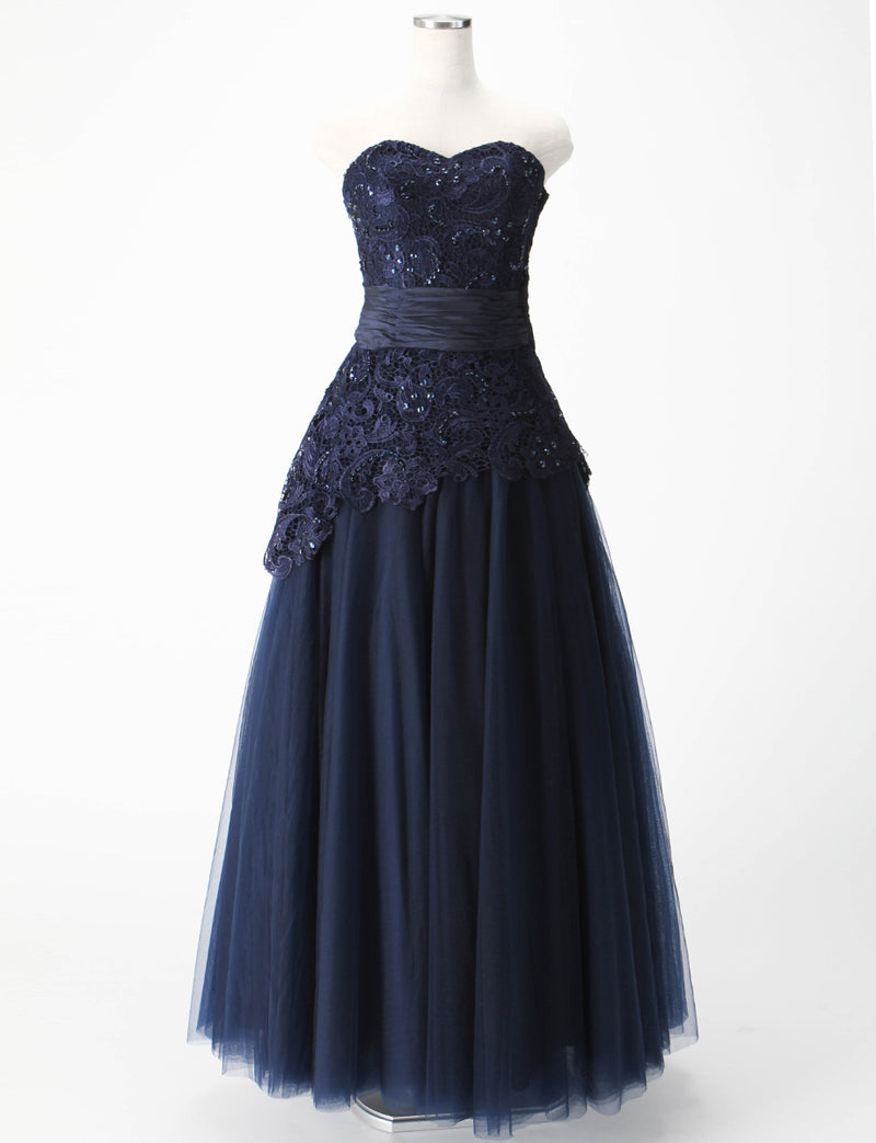 TWEED DRESS(ツイードドレス)のダークネイビーロングドレス・チュール｜TM1659-DNYのトルソー全身正面画像です。