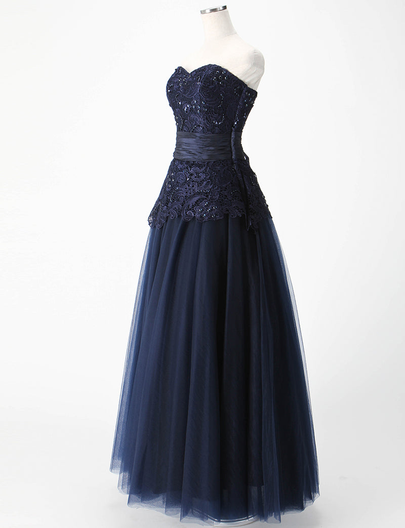 TWEED DRESS(ツイードドレス)のダークネイビーロングドレス・チュール｜TM1659-DNYのトルソー全身斜め画像です。