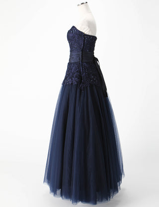 TWEED DRESS(ツイードドレス)のダークネイビーロングドレス・チュール｜TM1659-DNYのトルソー全身側面画像です。