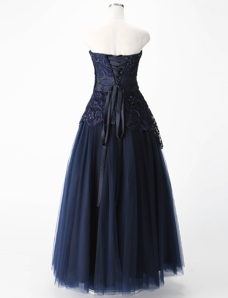 TWEED DRESS(ツイードドレス)のダークネイビーロングドレス・チュール｜TM1659-DNYのトルソー全身背面画像です。