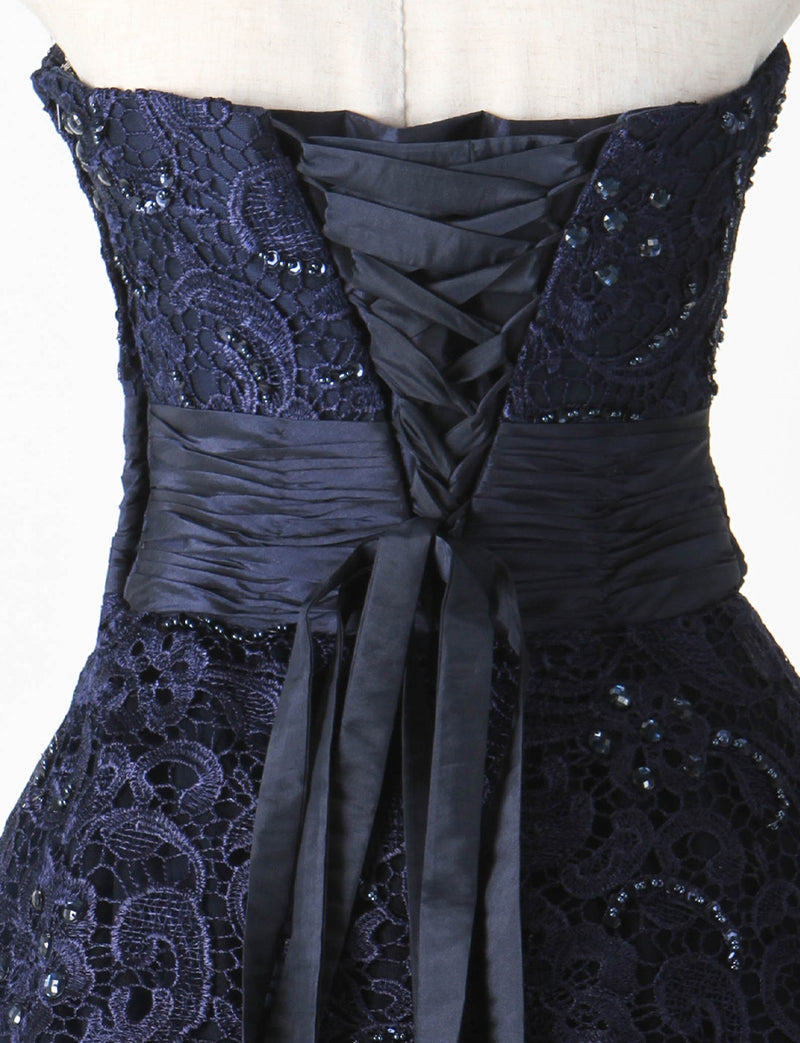 TWEED DRESS(ツイードドレス)のダークネイビーロングドレス・チュール｜TM1659-DNYのトルソー上半身背面画像です。