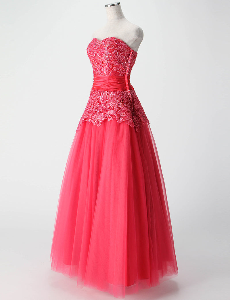 TWEED DRESS(ツイードドレス)のルージュピンクロングドレス・チュール｜TM1659-RPKのトルソー全身斜め画像です。