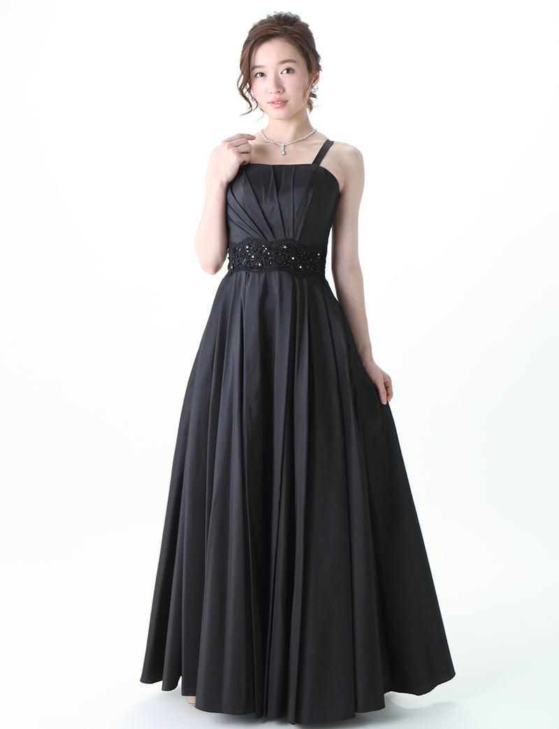 TWEED DRESS(ツイードドレス)のブラックロングドレス・タフタ｜TM1674-BKの全身正面画像です。
