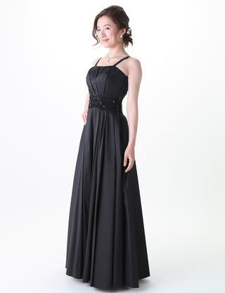 TWEED DRESS(ツイードドレス)のブラックロングドレス・タフタ｜TM1674-BKの全身斜め画像です。