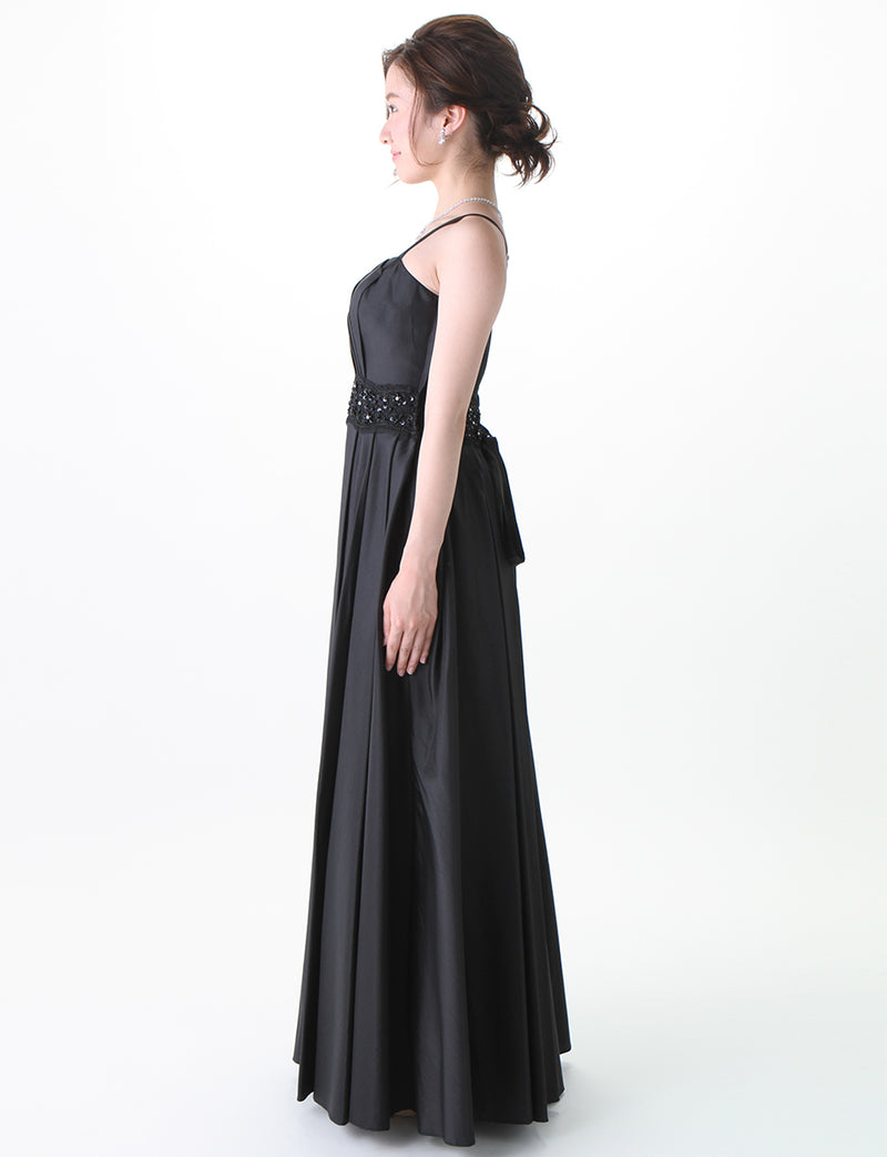 TWEED DRESS(ツイードドレス)のブラックロングドレス・タフタ｜TM1674-BKの全身側面画像です。