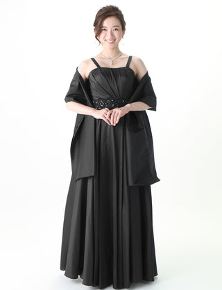 TWEED DRESS(ツイードドレス)のブラックロングドレス・タフタ｜TM1674-BKの全身正面ストール着用画像です。