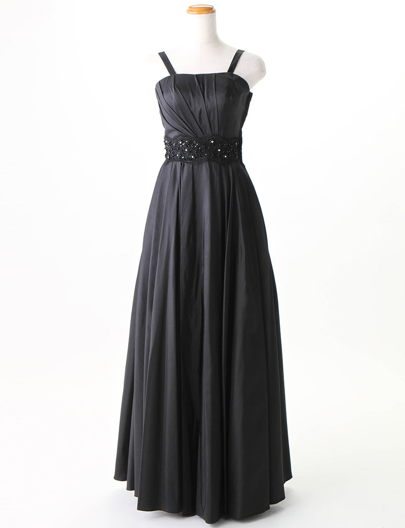 TWEED DRESS(ツイードドレス)のブラックロングドレス・タフタ｜TM1674-BKのトルソー全身正面画像です。