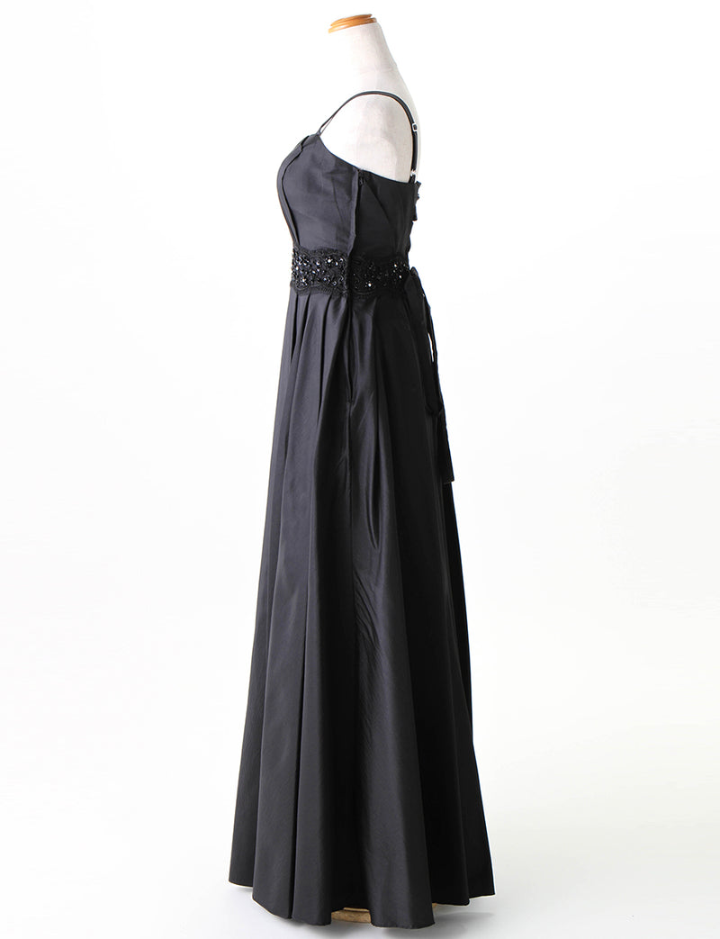 TWEED DRESS(ツイードドレス)のブラックロングドレス・タフタ｜TM1674-BKのトルソー全身側面画像です。