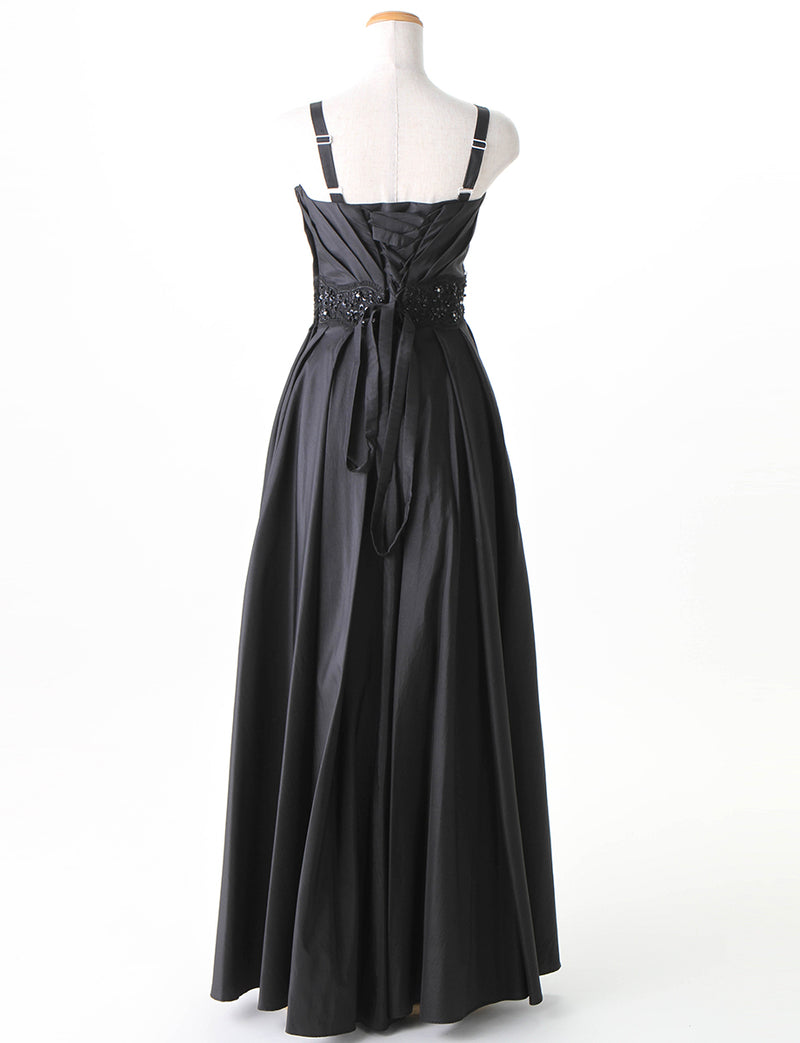 TWEED DRESS(ツイードドレス)のブラックロングドレス・タフタ｜TM1674-BKのトルソー全身背面画像です。