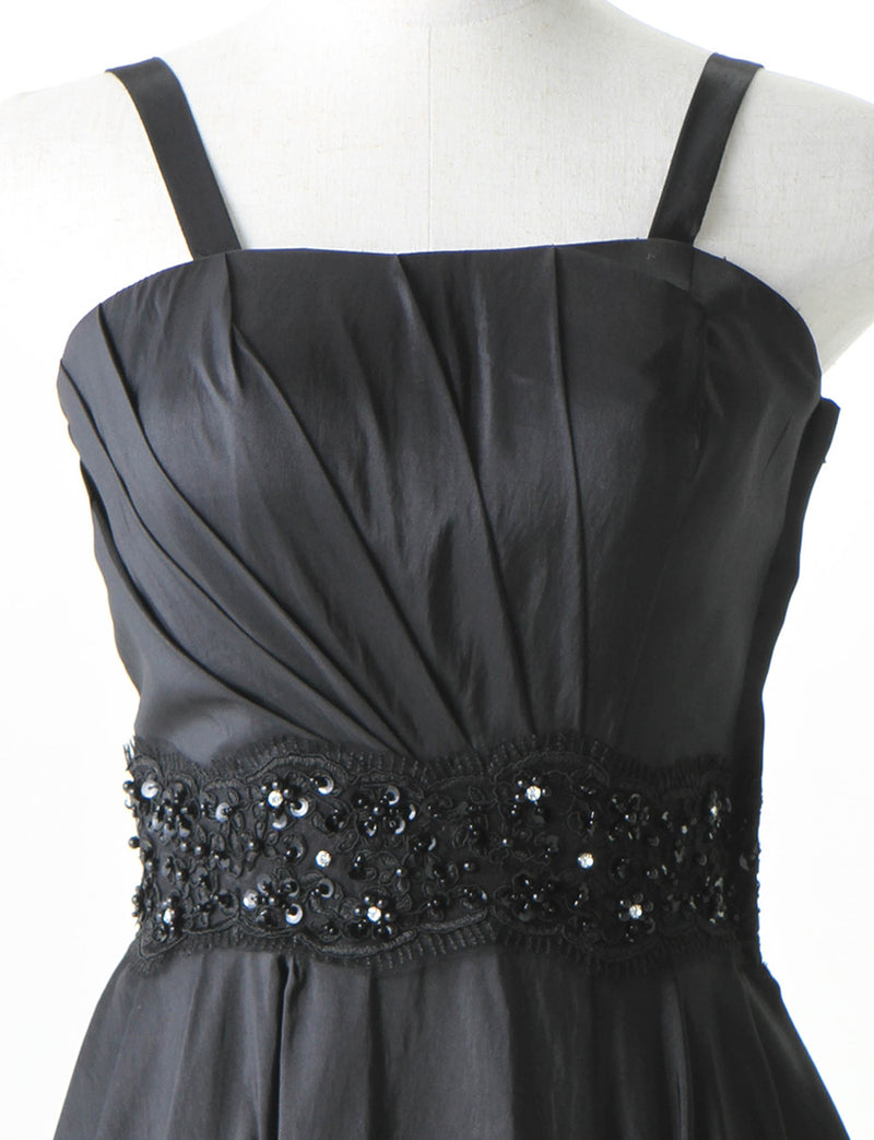 TWEED DRESS(ツイードドレス)のブラックロングドレス・タフタ｜TM1674-BKのトルソー上半身正面画像です。