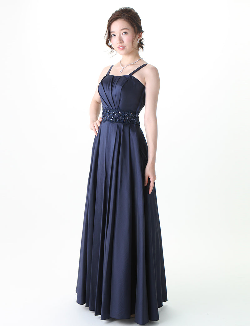 TWEED DRESS(ツイードドレス)のダークネイビーロングドレス・タフタ｜TM1674-DNYの全身斜め画像です。