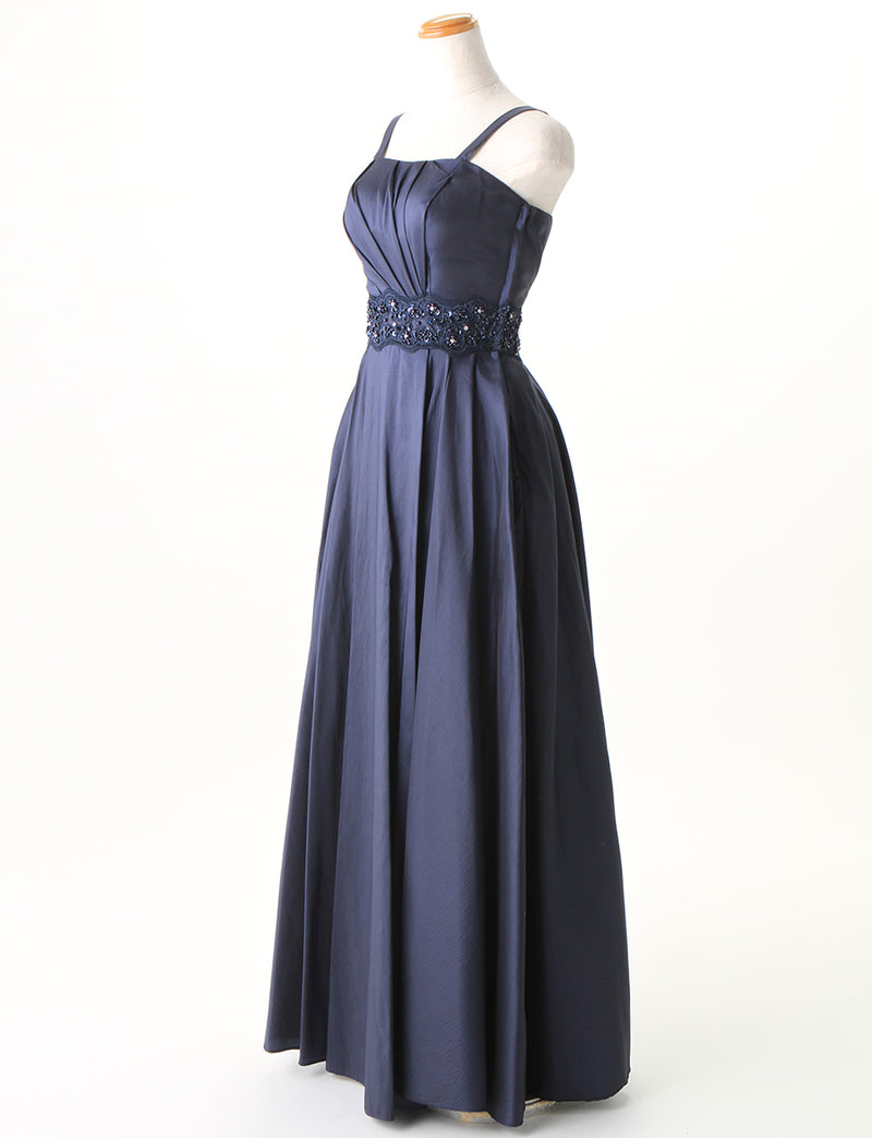 TWEED DRESS(ツイードドレス)のダークネイビーロングドレス・タフタ｜TM1674-DNYのトルソー全身斜め画像です。