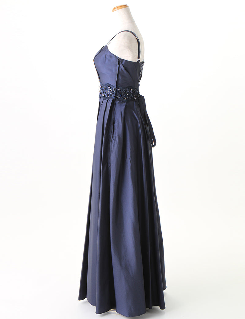 TWEED DRESS(ツイードドレス)のダークネイビーロングドレス・タフタ｜TM1674-DNYのトルソー全身側面画像です。