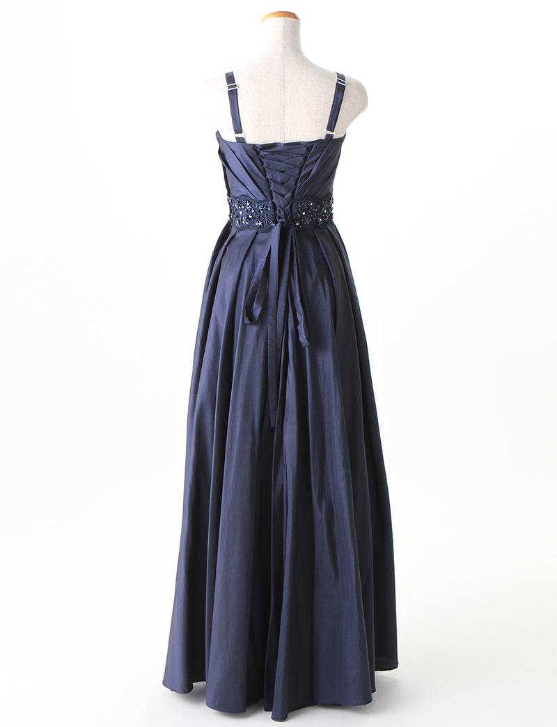 TWEED DRESS(ツイードドレス)のダークネイビーロングドレス・タフタ｜TM1674-DNYのトルソー全身背面画像です。