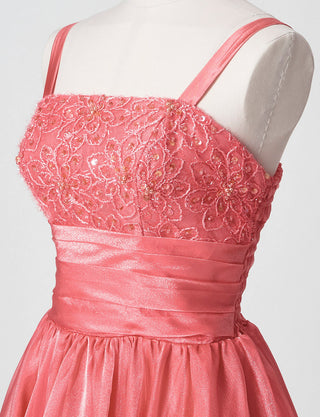 TWEED DRESS(ツイードドレス)のコーラルピンクロングドレス・オーガンジー｜TM1675-CPKのトルソー上半身斜め画像です。