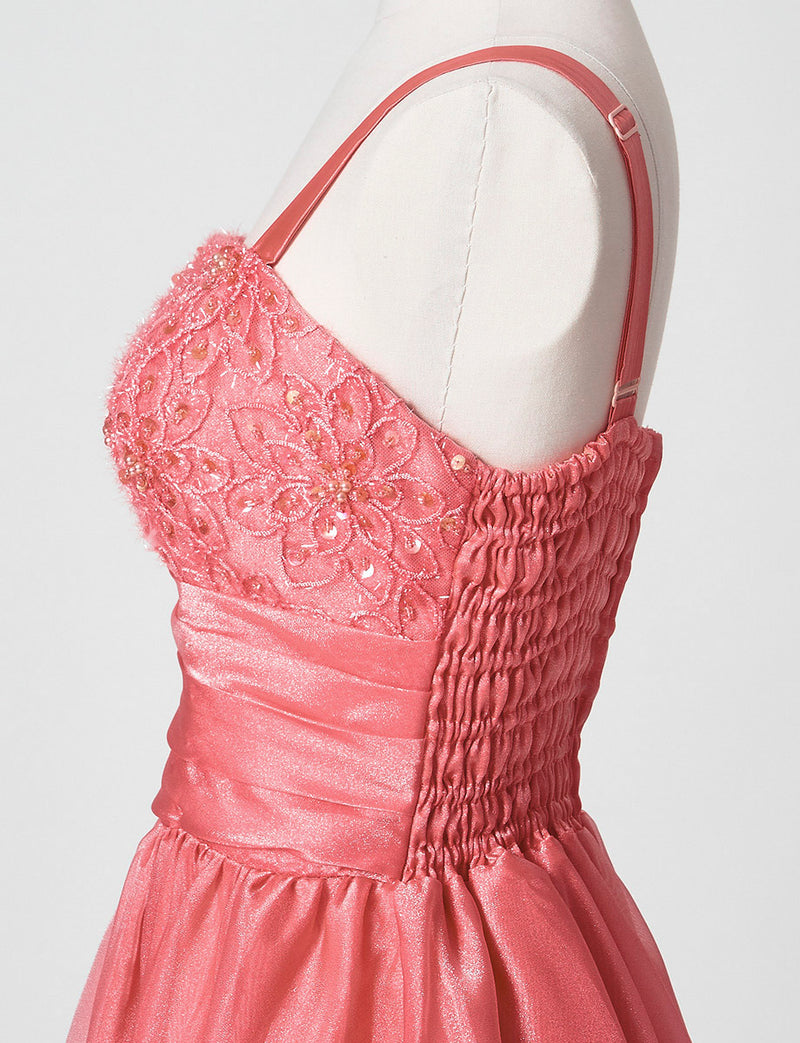 TWEED DRESS(ツイードドレス)のコーラルピンクロングドレス・オーガンジー｜TM1675-CPKのトルソー上半身側面画像です。