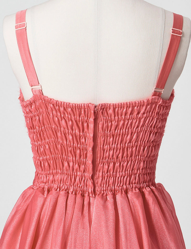 TWEED DRESS(ツイードドレス)のコーラルピンクロングドレス・オーガンジー｜TM1675-CPKのトルソー上半身背面画像です。