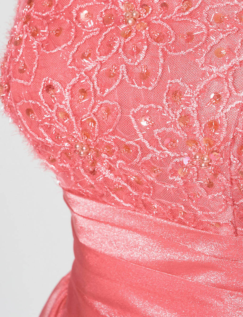 TWEED DRESS(ツイードドレス)のコーラルピンクロングドレス・オーガンジー｜TM1675-CPKの上半身装飾拡大画像です。