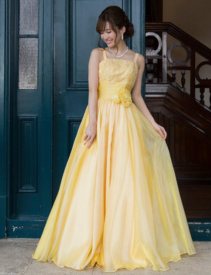 TWEED DRESS(ツイードドレス)のクロームイエローロングドレス・オーガンジー｜TM1675-CYWの全身正面画像です。