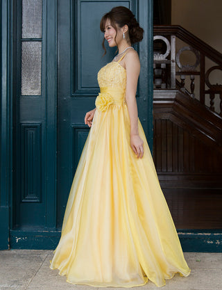 TWEED DRESS(ツイードドレス)のクロームイエローロングドレス・オーガンジー｜TM1675-CYWの全身斜め画像です。