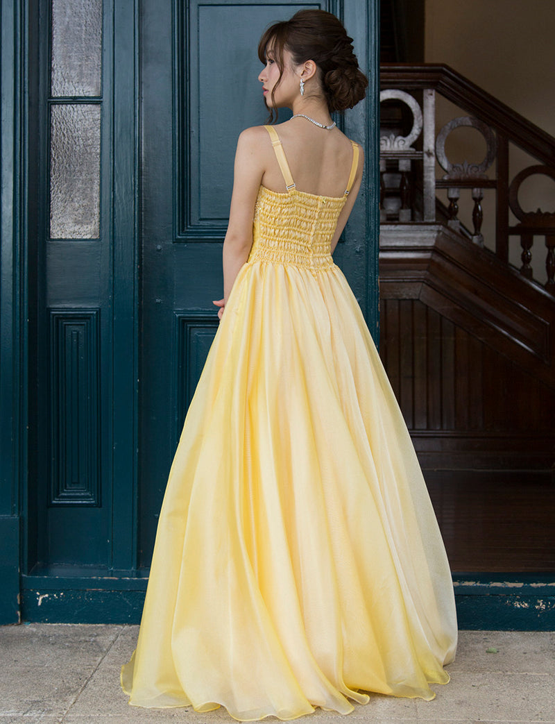 TWEED DRESS(ツイードドレス)のクロームイエローロングドレス・オーガンジー｜TM1675-CYWの全身背面画像です。