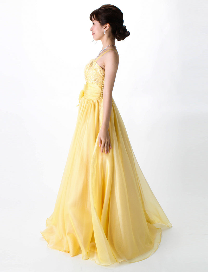 TWEED DRESS(ツイードドレス)のクロームイエローロングドレス・オーガンジー｜TM1675-CYWの全身側面画像です。