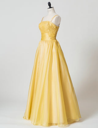 TWEED DRESS(ツイードドレス)のクロームイエローロングドレス・オーガンジー｜TM1675-CYWのトルソー全身斜め画像です。