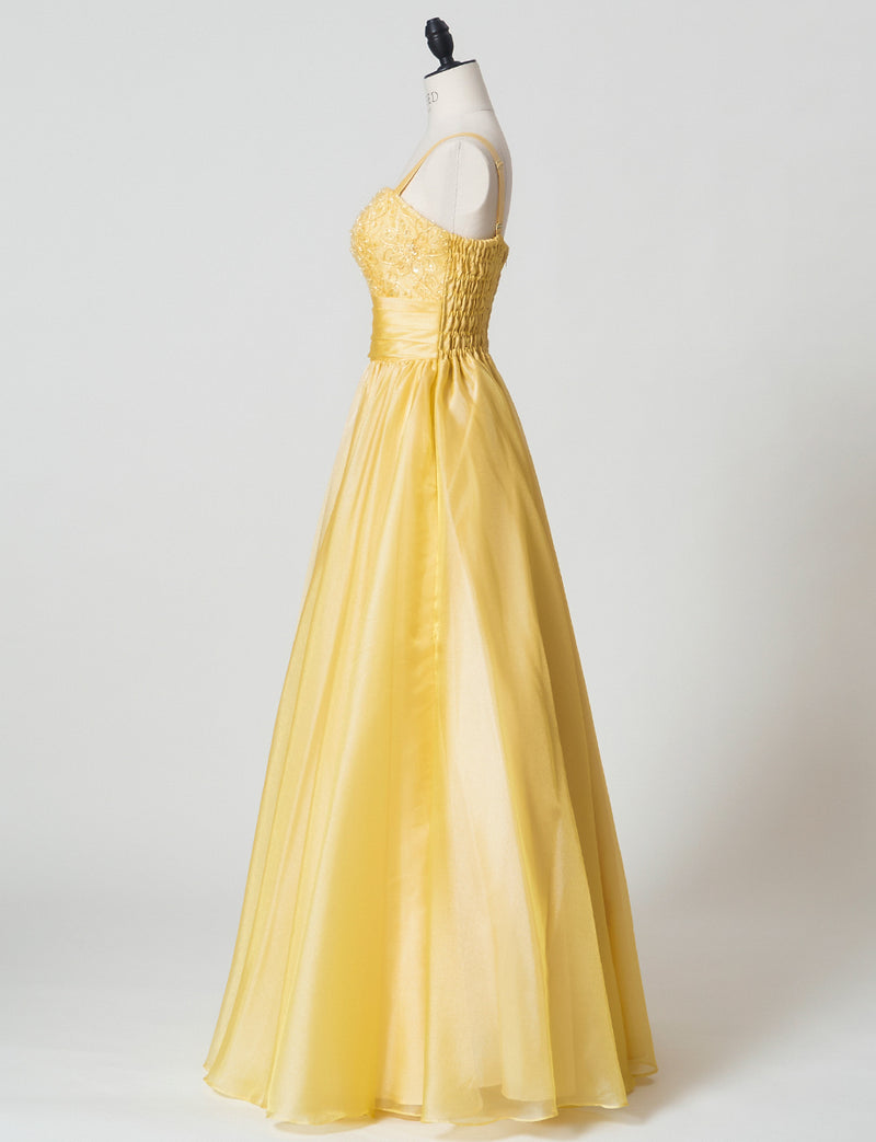 TWEED DRESS(ツイードドレス)のクロームイエローロングドレス・オーガンジー｜TM1675-CYWのトルソー全身側面画像です。