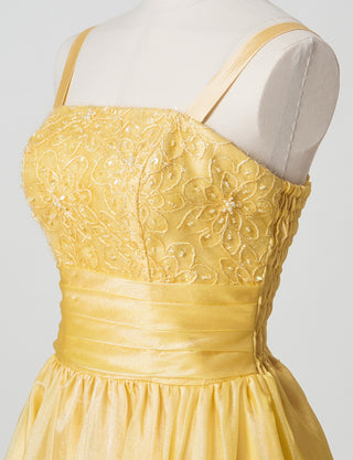 TWEED DRESS(ツイードドレス)のクロームイエローロングドレス・オーガンジー｜TM1675-CYWのトルソー上半身斜め画像です。