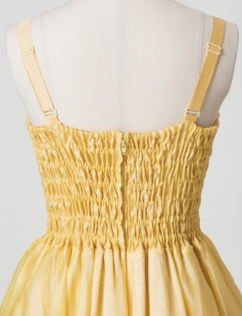 TWEED DRESS(ツイードドレス)のクロームイエローロングドレス・オーガンジー｜TM1675-CYWのトルソー上半身背面画像です。