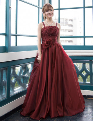 TWEED DRESS(ツイードドレス)のワインレッドロングドレス・オーガンジー｜TM1675-WRDの全身正面画像です。