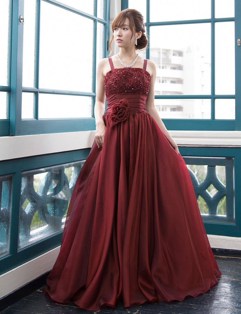 TWEED DRESS(ツイードドレス)のワインレッドロングドレス・オーガンジー｜TM1675-WRDの全身正面画像です。