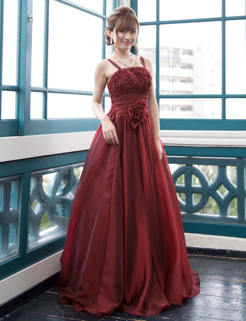 TWEED DRESS(ツイードドレス)のワインレッドロングドレス・オーガンジー｜TM1675-WRDの全身斜め画像です。