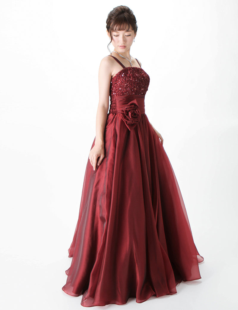 TWEED DRESS(ツイードドレス)のワインレッドロングドレス・オーガンジー｜TM1675-WRDの全身斜め画像です。