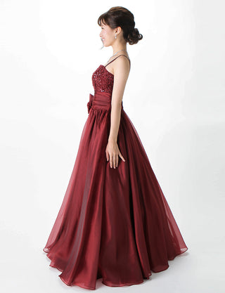 TWEED DRESS(ツイードドレス)のワインレッドロングドレス・オーガンジー｜TM1675-WRDの全身側面画像です。